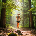 A person jogging on a sunlit forest trail.