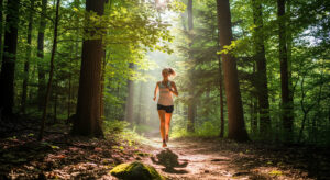A person jogging on a sunlit forest trail.