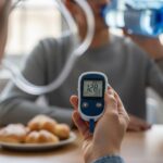 A hand holds a glucose meter showing a high blood sugar reading, with a blurry background of a person drinking water from a large bottle and a plate of pastries on a table.