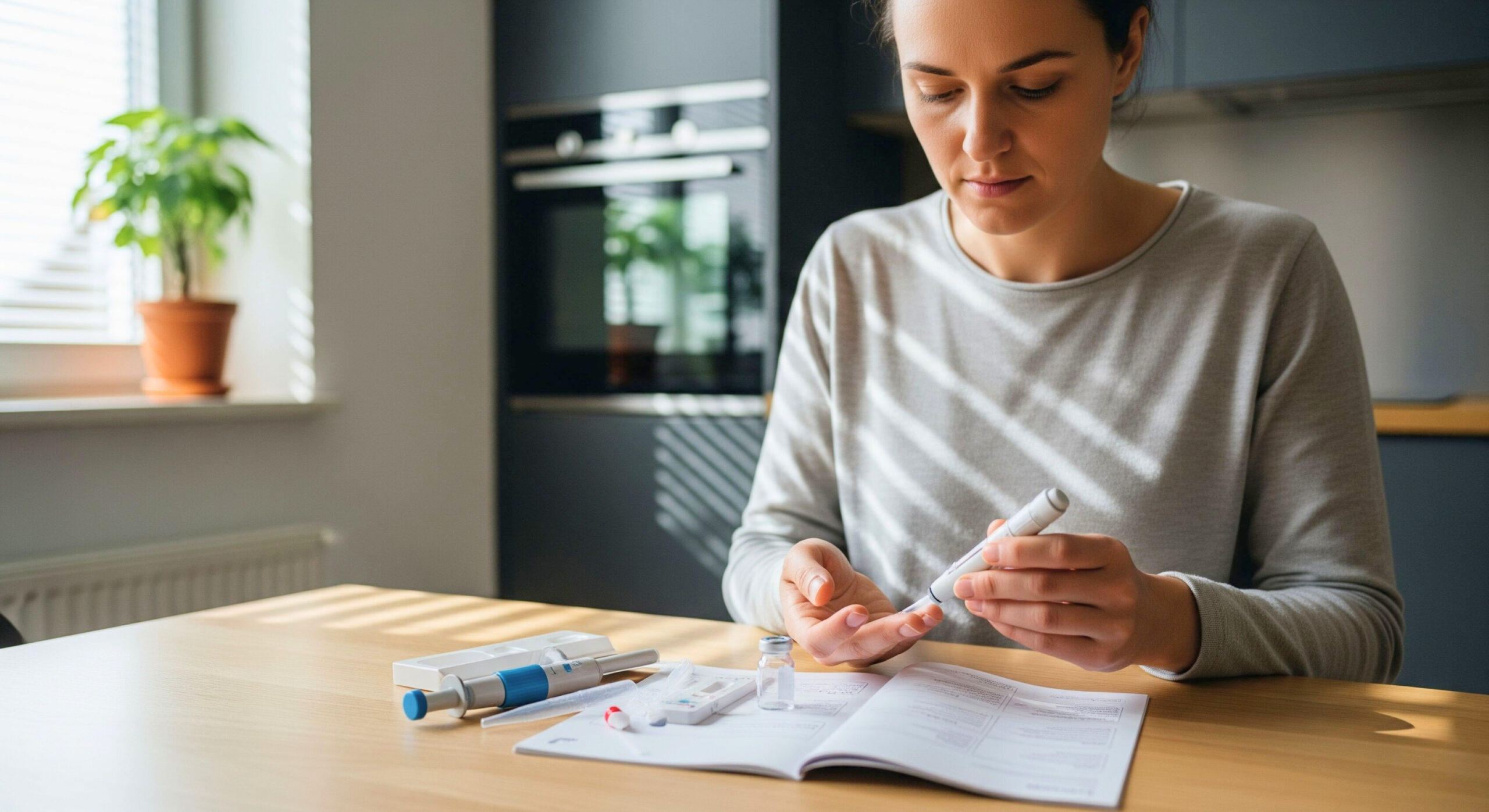 A realistic photo of a person using an at-home health test kit at a kitchen table.