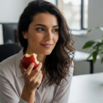 Smiling woman in office eating a red apple during break.