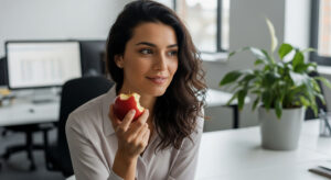 Smiling woman in office eating a red apple during break.
