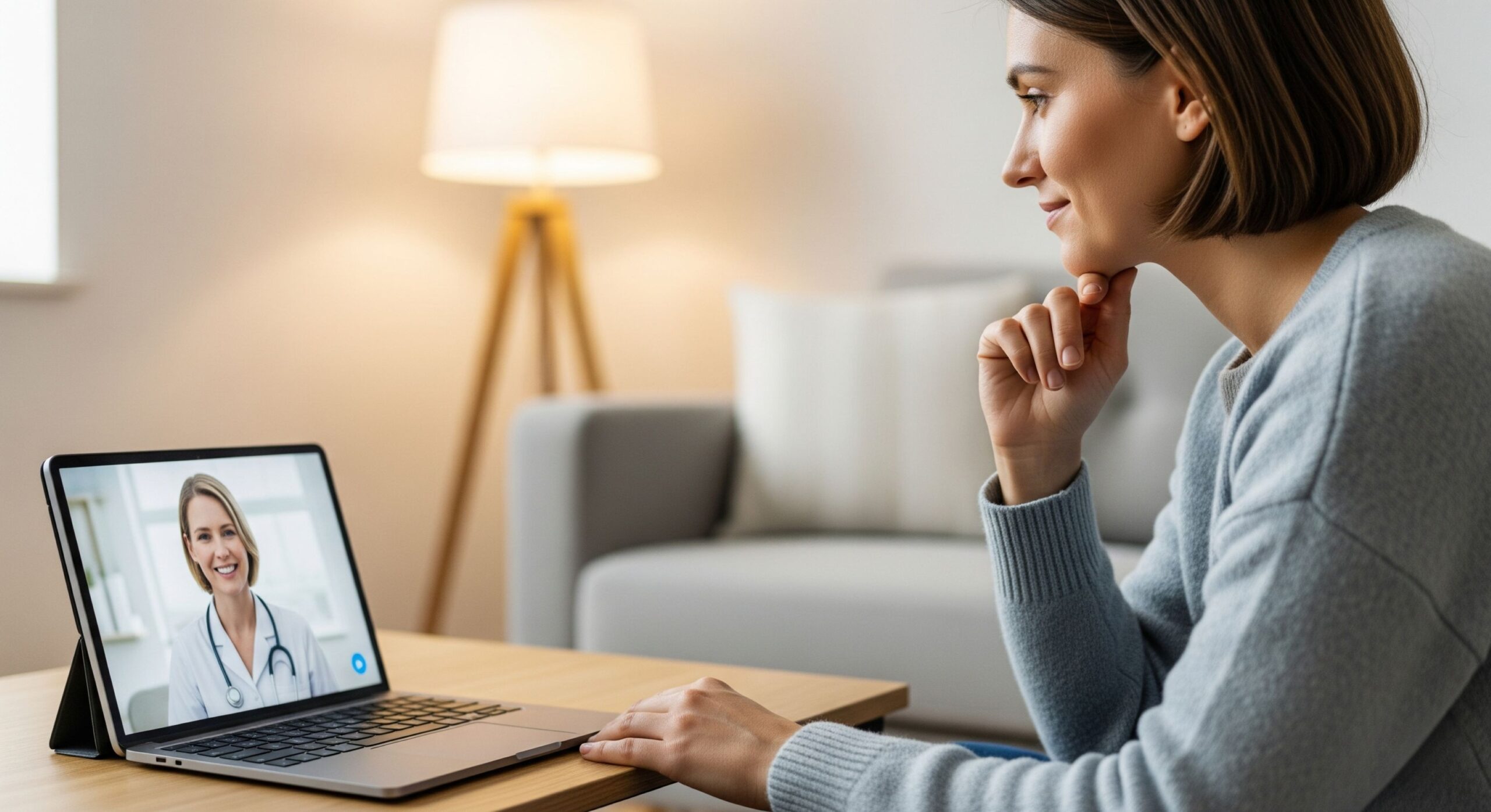 A woman with short, brown hair and a light sweater is sitting at a wooden table, looking at a laptop with a calm and thoughtful expression. On the laptop screen, a female therapist in a white coat is smiling. The background is a soft-focused, cozy living room with a couch and a standing lamp, creating a comfortable and private atmosphere.