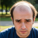 A realistic photo of a balding man in a park, looking down with a troubled face, to illustrate severe hair loss.