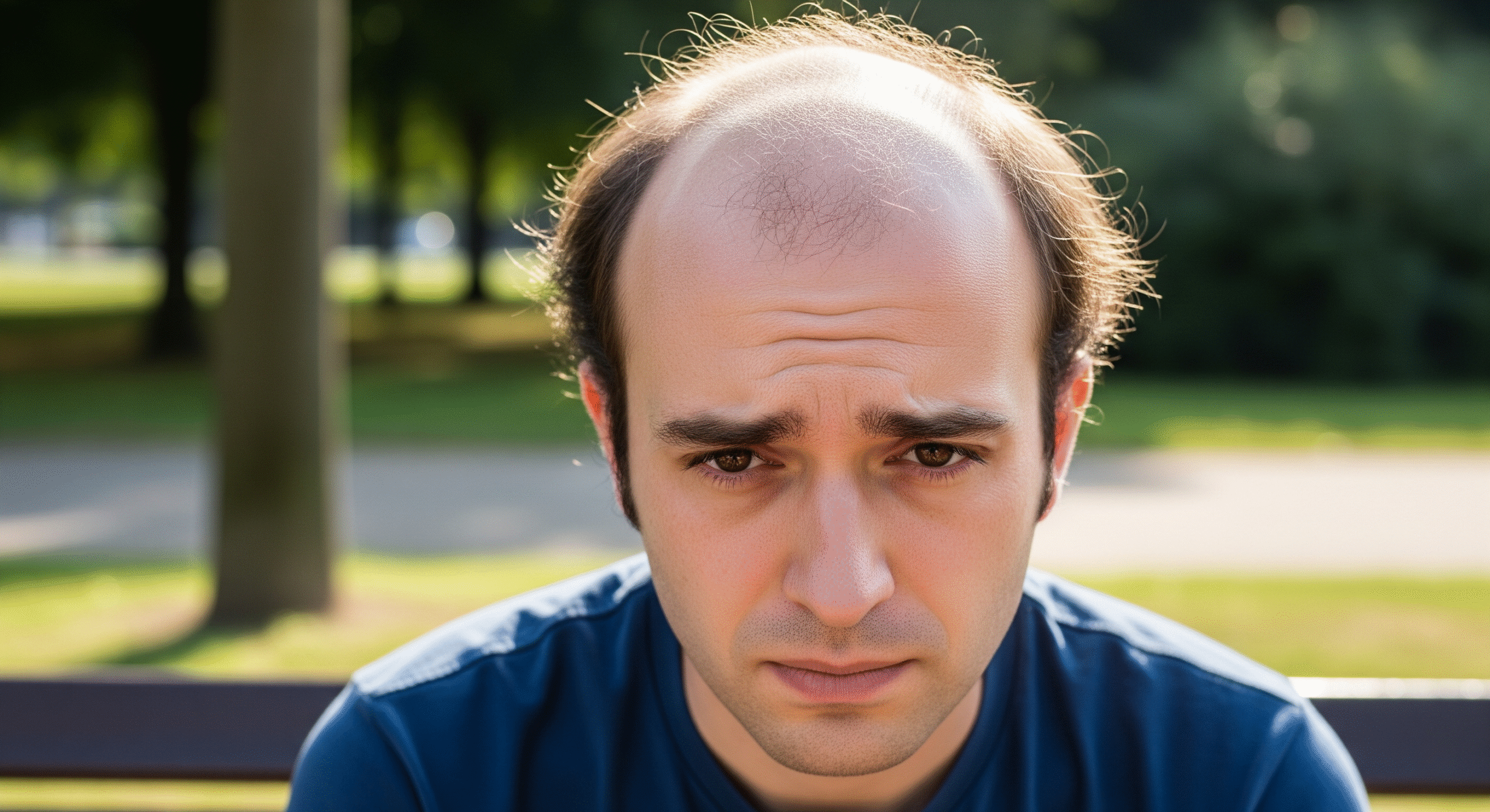A realistic photo of a balding man in a park, looking down with a troubled face, to illustrate severe hair loss.