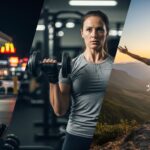 A three-panel image showing a weight loss journey. The first panel shows a person walking away from a fast-food restaurant. The second panel shows a person lifting weights in a gym. The third panel shows a person with a fit body celebrating at a mountain summit at sunrise.