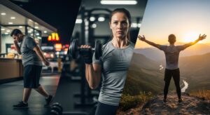 A three-panel image showing a weight loss journey. The first panel shows a person walking away from a fast-food restaurant. The second panel shows a person lifting weights in a gym. The third panel shows a person with a fit body celebrating at a mountain summit at sunrise.