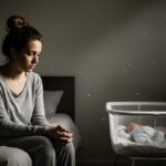 A new mother sits alone on a bed looking sad and isolated, with her baby sleeping peacefully in a bassinet nearby, symbolizing postpartum depression.