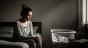 A new mother sits alone on a bed looking sad and isolated, with her baby sleeping peacefully in a bassinet nearby, symbolizing postpartum depression.