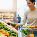A smiling woman holds an avocado in the produce section of a supermarket, with a shopping cart filled with fresh fruits and vegetables.