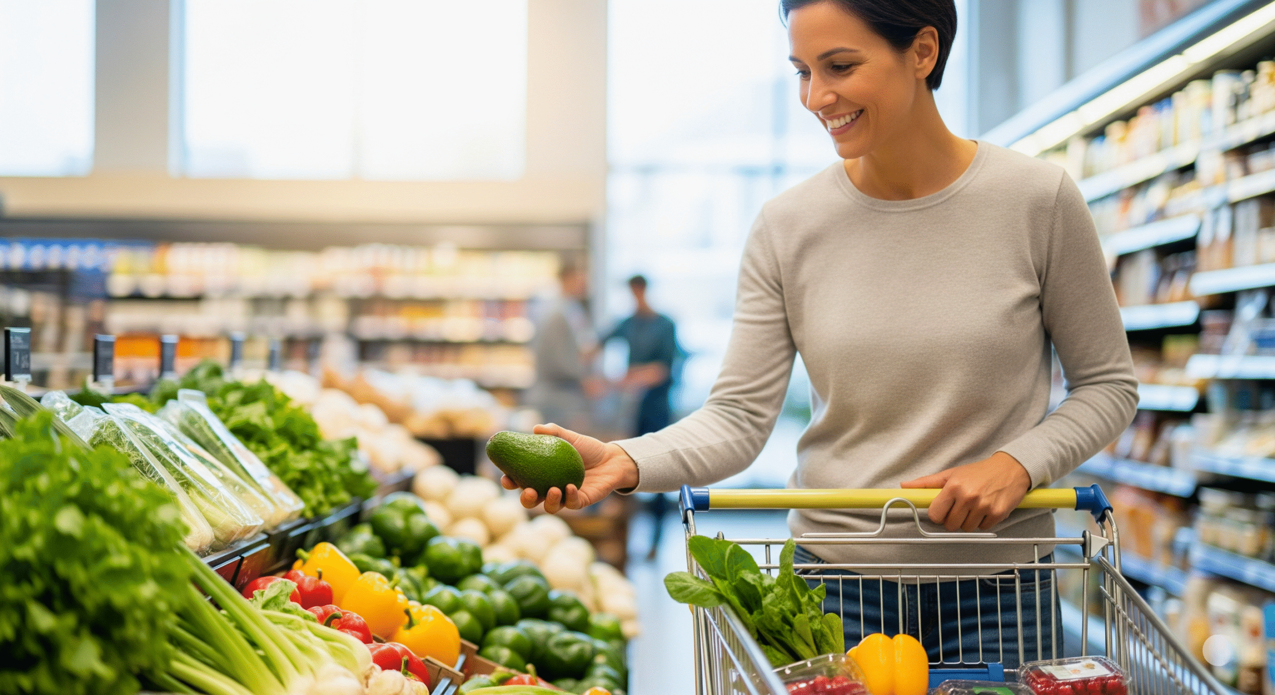 A smiling woman holds an avocado in the produce section of a supermarket, with a shopping cart filled with fresh fruits and vegetables.