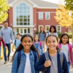 A realistic photo of smiling children with backpacks being dropped off at school by their parents. The setting is a sunny morning in front of a red brick school building.