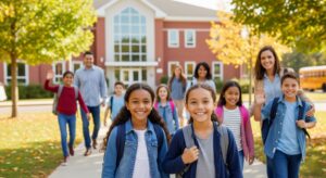 A realistic photo of smiling children with backpacks being dropped off at school by their parents. The setting is a sunny morning in front of a red brick school building.