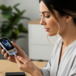 A woman with dark hair pulled back in a ponytail is using a modern glucometer to check her blood sugar level. She holds the device in her left hand and a lancing pen in her right, a small drop of blood visible on her fingertip. The glucometer displays a reading of "115 mg/dL". A glass of water and a smartphone rest on the light wooden table in front of her. A blurred office setting with a computer monitor and a small potted plant is visible in the background.