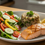 A close-up, realistic photo of a perfectly portioned meal on a white plate, serving as a visual food portion guide. The plate is half-filled with a vibrant salad, a quarter with grilled salmon, and a quarter with quinoa.