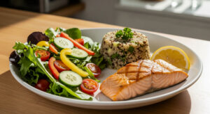 A close-up, realistic photo of a perfectly portioned meal on a white plate, serving as a visual food portion guide. The plate is half-filled with a vibrant salad, a quarter with grilled salmon, and a quarter with quinoa.