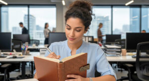 A smiling woman writing in a personal journal at her busy office desk.