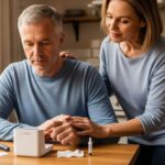 A mature man measures his cholesterol level at home with assistance from his wife.