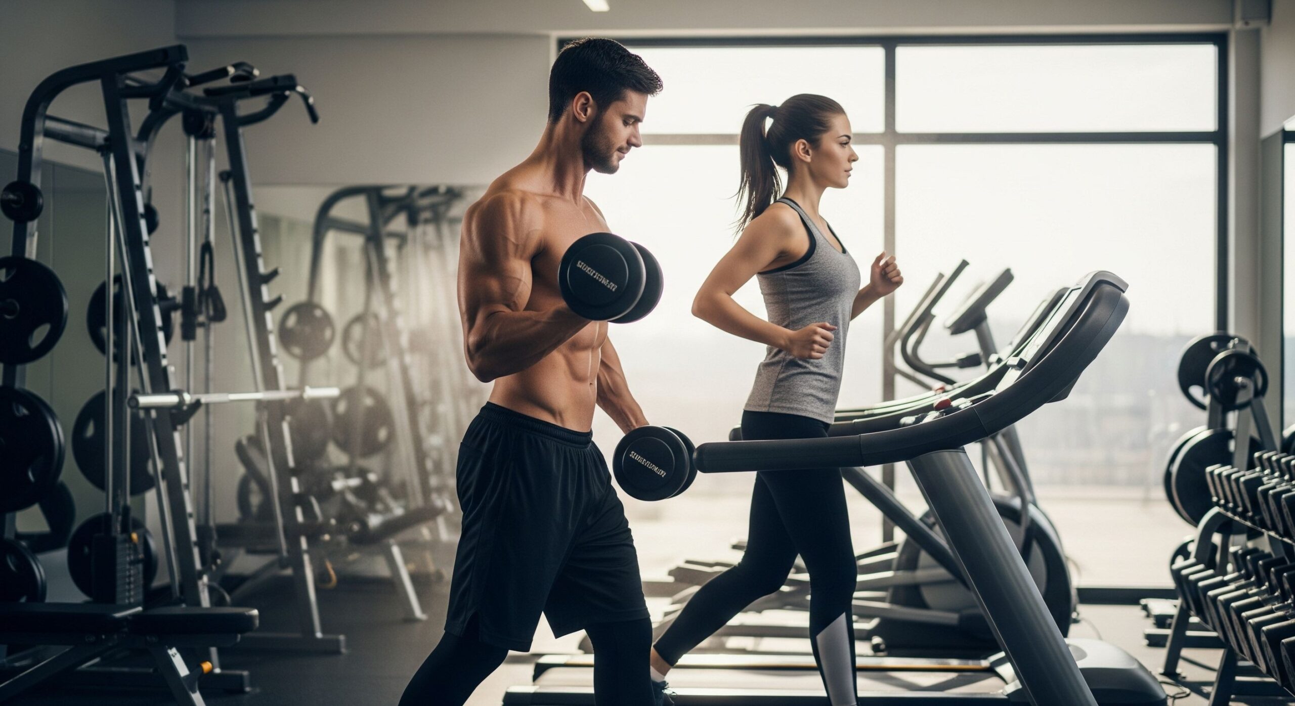 Man and woman strength training with dumbbells in a gym.