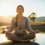 A beautiful woman meditating outdoors, a visual representation of meditation for mental health.