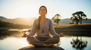 A beautiful woman meditating outdoors, a visual representation of meditation for mental health.