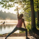 A group of people enjoying various healthy activities in a serene outdoor setting. A woman is doing yoga by a lake at sunrise, a man is jogging on a forest trail, and people are kayaking on the water in the background.
