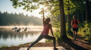 A group of people enjoying various healthy activities in a serene outdoor setting. A woman is doing yoga by a lake at sunrise, a man is jogging on a forest trail, and people are kayaking on the water in the background.