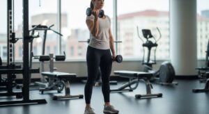 A realistic photo of a person doing a dumbbell bicep curl in a gym.