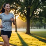 A happy young woman running in a park at sunrise, embodying an energetic and positive approach to her weight loss journey.