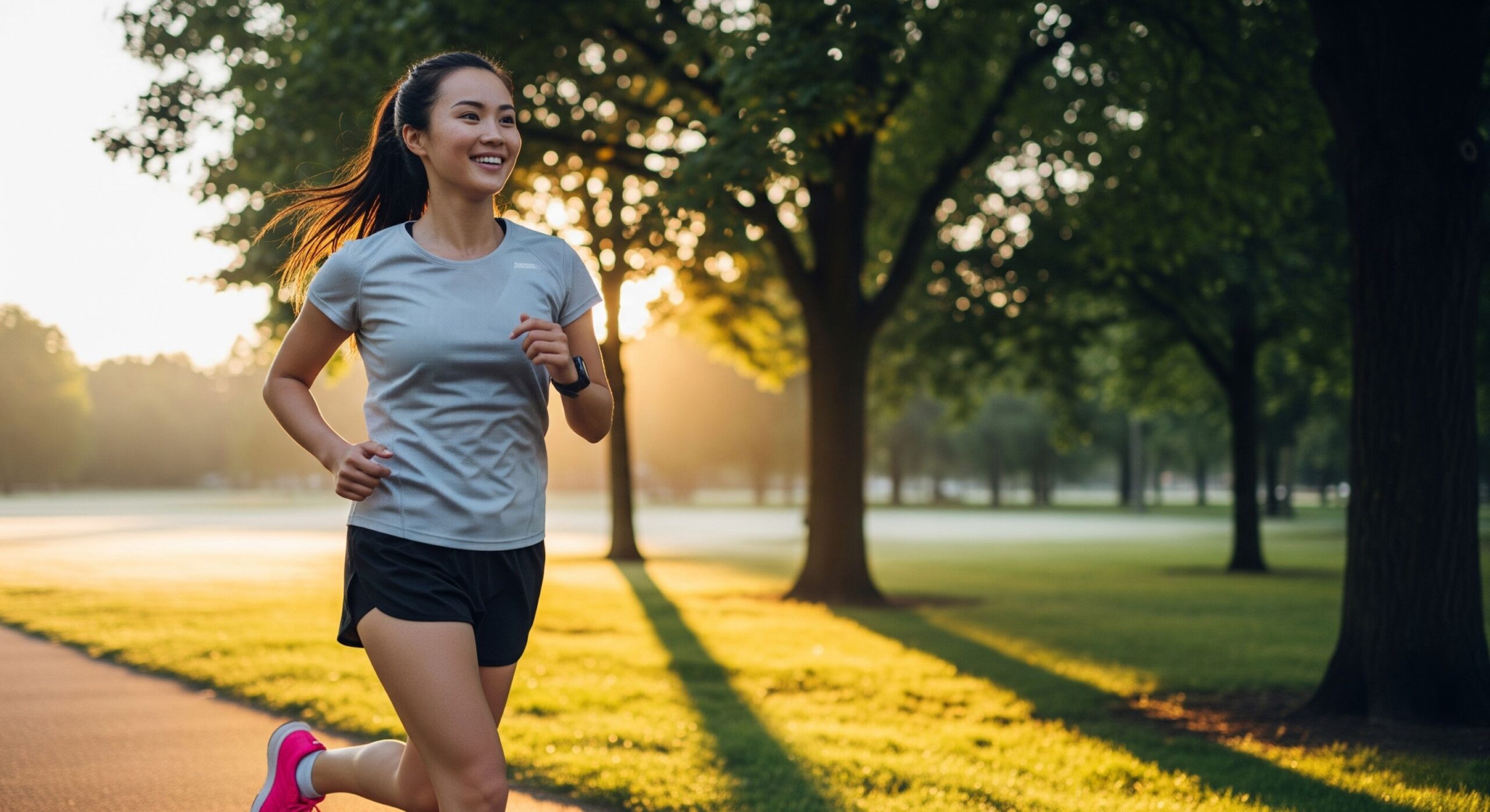 A happy young woman running in a park at sunrise, embodying an energetic and positive approach to her weight loss journey.