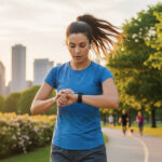 A beautiful woman jogging in a park in Chicago, checking her heart rate on a wearable device with the city skyline in the background.