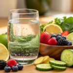 A glass of water surrounded by lemons, berries, cucumber slices, and ginger root on a wooden table.