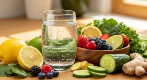 A glass of water surrounded by lemons, berries, cucumber slices, and ginger root on a wooden table.
