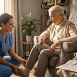 A compassionate caregiver helps an elderly woman put on slippers in a sunlit living room.