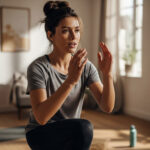 A beautiful woman in her late 20s with a natural, healthy appearance, doing cardio exercise in a sunlit living room. She is wearing comfortable athletic wear and has a focused expression.