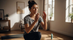A beautiful woman in her late 20s with a natural, healthy appearance, doing cardio exercise in a sunlit living room. She is wearing comfortable athletic wear and has a focused expression.