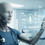A realistic illustration shows a humanoid AI with a gentle expression, wearing a stethoscope and medical scrubs, interacting with a transparent holographic medical interface.
