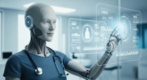 A realistic illustration shows a humanoid AI with a gentle expression, wearing a stethoscope and medical scrubs, interacting with a transparent holographic medical interface.
