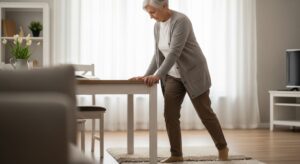 A realistic illustration of a senior woman at home, holding onto a table for support while carefully stepping over a small rug. The setting is a bright, clean living room.