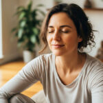 A beautiful woman meditating peacefully in a sun-drenched room.