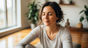 A beautiful woman meditating peacefully in a sun-drenched room.