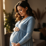 A pregnant woman in a light blue dress gently cradles her baby bump while standing near a window in a softly lit room.
