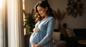 A pregnant woman in a light blue dress gently cradles her baby bump while standing near a window in a softly lit room.