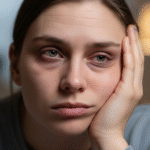A close-up shot of a tired person with dark circles under their eyes and a weary expression, illustrating the feeling of chronic fatigue.