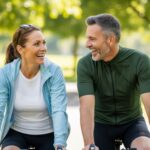 A happy middle-aged couple cycling and laughing together in a sunny park, illustrating the joyful and sustainable aspects of an active lifestyle for weight loss.