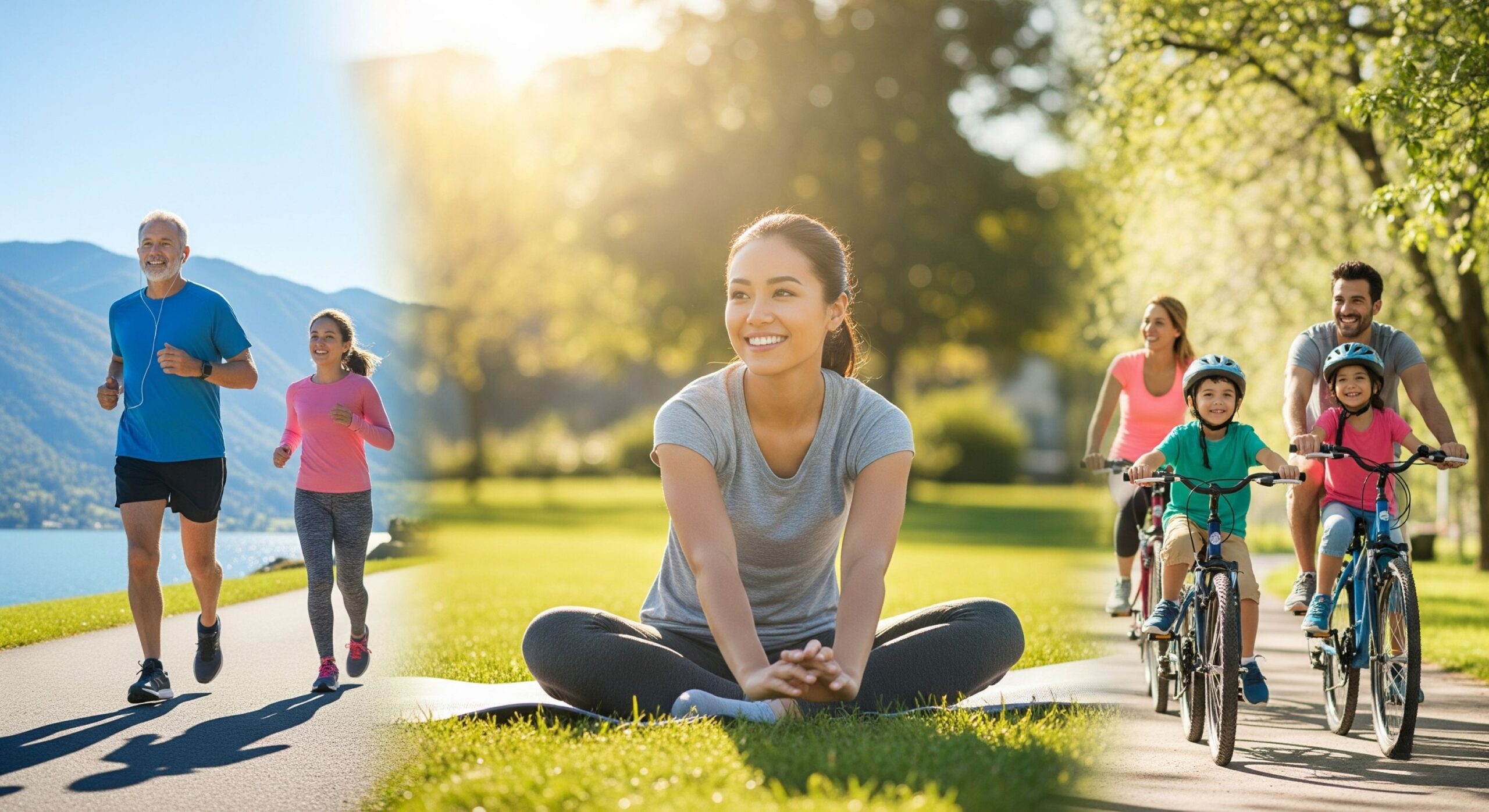 A vibrant image showcasing diverse individuals engaging in various healthy lifestyle activities outdoors, including jogging, yoga, and family cycling, all under a bright sun.