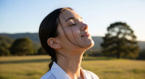 A close-up, high-resolution photo of a person with clear skin and a look of peaceful relief, standing in a sunlit natural landscape with a soft-focus background of trees and a hill.