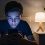 A realistic photograph showing a teenager sitting in a dimly lit room, with their face illuminated by the blue light of a smartphone. A lamp and a houseplant are visible on a nightstand in the background.