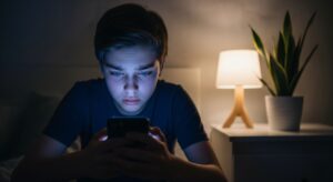 A realistic photograph showing a teenager sitting in a dimly lit room, with their face illuminated by the blue light of a smartphone. A lamp and a houseplant are visible on a nightstand in the background.