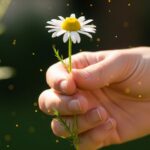 Hand holding a single daisy with pollen particles floating around it.